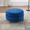 Upholstered Round Ottoman With Reversible Lid, Velvet Storage Stool, Channel Tufted Pumpkin Shape Footstool For Living Room, Bedroom And Office - Navy - Image 4