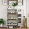 Natural Bohemia Style Shoe Cabinet, Shoe Rack Cabinet With 3 Rattan Flip Drawers, 3 Square Shelves And 1 Storage Drawer, Shoe Organizer With Mulit Storage Space And Hooks For Hallway, Entryway - White - Image 3