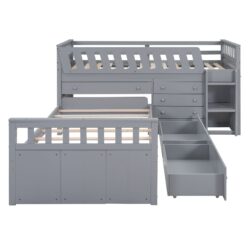 Twin Loft And Platform Bed With 7 Drawers And Full Guardrails, Modern L Shaped Space Saving - Gray