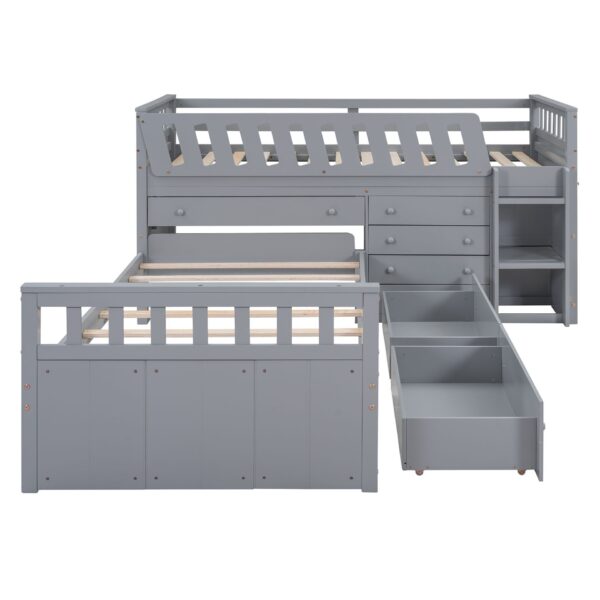 Twin Loft And Platform Bed With 7 Drawers And Full Guardrails, Modern L Shaped Space Saving - Gray