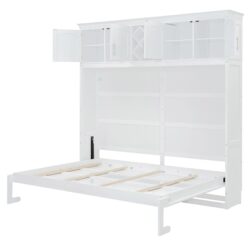 Queen Size Murphy Wall Bed With Top Cabinets & Wine Rack - White