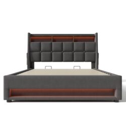Queen Size Upholstered Platform Bed With A Hydraulic Storage System, LED And USB Charging (Without Mattress) - Gray