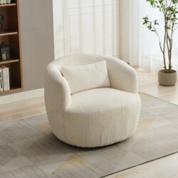 Upholstered Metal Base 360 Degree Swivel Barrel Soft Chair With Pillow, For Club, Living Room, Bedroom, Office As Well As Reading Armchair - Ivory