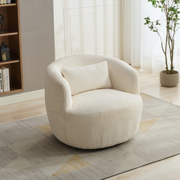 Upholstered Metal Base 360 Degree Swivel Barrel Soft Chair With Pillow, For Club, Living Room, Bedroom, Office As Well As Reading Armchair - Ivory