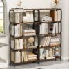 5 Tier Industrial Bookshelf, Rustic Brown Tall Bookcase With Open Wood & Metal Design, Vintage Storage Organizer - Black - Image 2