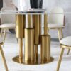 Round Stone Burning Table, Modern Marble Dining Table With 6 Chairs - Gold / White - Image 4
