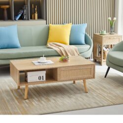 41.34" Rattan Coffee Table, Sliding Door For Storage, Solid Wood Legs, Modern Table For Living Room - Natural