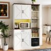 Farmhouse Kitchen Pantry Sideboard With Cabinet And Drawer, Multi Functional Kitchen Buffet With Hutch And Glass Holder, Microwave Stand With Charging Station - Brown / Antique White - Image 2