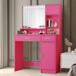 Vanity Desk With Mirror And LED Light Strip, Dressing Table With Large Drawer, 3 Level Storage Dresser & 3 Lighting Modes Adjustable Brightness, Suitable For Bedroom - Rose Pink