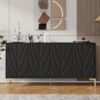 Modern Sideboard Buffet Cabinet With Handleless Press To Open Design, Carved Credenza Storage Cabinet With 4 Doors Construction - Black - Image 4