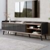Mid Century TV Stand With 2 Cabinets & Open Compartments, Entertainment Center For Tvs Up To 70'', Television Console For Living Room - Dark Coffee / Black - Image 6