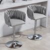 360 Degree Swivel Bar Stools Adjustable Counter Height Bar Chairs With Woven Back & Footrest, Silver Chromed Bar Stools For Kitchen Island (Set of 2) - Gray - Image 7