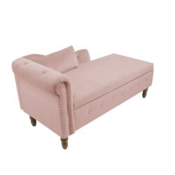 Chaise Lounge Indoor, Velvet Lounge Chair For Bedroom With Storage & Pillow, Modern Upholstered Rolled Arm Chase Lounge For Sleeping With Nailhead Trim For Living Room Bedroom Office - Pink