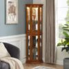 Corner Curio Cabinet With Lights, Adjustable Tempered Glass Shelves, Mirrored Back, Display Cabinet (E26 Light Bulb Not Included) - Oak - Image 6