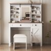 Farmhouse Makeup Vanity Desk With Sliding Mirror, LED Lights, And Storage Glass, Metal, And Wood Construction - White - Image 10