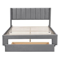 Queen Size Platform Contemporary Upholstered Bed With Storage Drawer - Gray