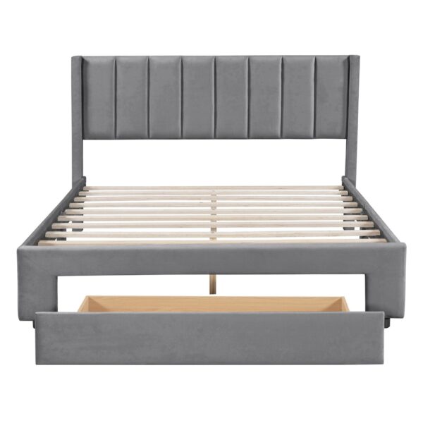 Queen Size Platform Contemporary Upholstered Bed With Storage Drawer - Gray