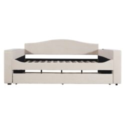 Full Size Upholstered Daybed With Storage Armrests, Trundle And Latest Integrated Bluetooth Audio System, Teddy Fleece - Beige