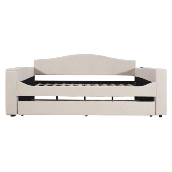 Full Size Upholstered Daybed With Storage Armrests, Trundle And Latest Integrated Bluetooth Audio System, Teddy Fleece - Beige