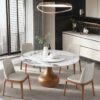 Round Modern Marble Dining Table With 4 Chairs - Walnut / White - Image 7