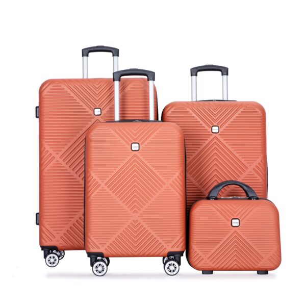 4 Piece Lightweight Suitcase, 14" Makeup Box, Aircraft Wheels (14/20/24/28) - Dark Orange