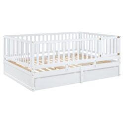 Full Size Daybed With Fence Guardrails And 2 Drawers, Convertible Floor Bed & Daybed - White