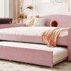 Full Size Upholstered Daybed With Storage Armrests, Trundle And Latest Integrated Bluetooth Audio System, Teddy Fleece - Pink - Image 15