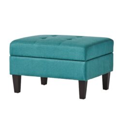 Tufted Waffle Stitch Upholstered Storage Ottoman With Wood Legs - Teal