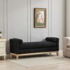 Elegant Upholstered Bench Daybed Ottoman With Nature Wood Legs & Bolster Pillows - Black Boucle - Image 3
