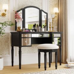 Dressing Table Set With Mirrored Drawers And Stool, Tri-Fold Mirror, Makeup Vanity Set For Bedroom - Black