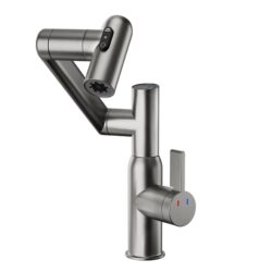 Bathroom Sink Faucet With Spray Function, Temperature Display, Anti Skid Switch, Hot & Cold, 360 Degree Rotary, Brass - Gun Gray