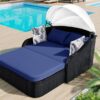 Outdoor Sunbed With Adjustable Canopy, Double Lounge, Daybed - Black / Blue - Image 3