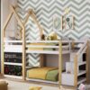 Twin Over Twin House Bunk Bed With White Storage Staircase And 2 Blackboards - White / Natural - Image 11