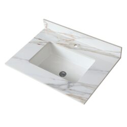 Elegant Vanity Top With Undermount Sink And Backsplash, Sintered Stone - Carrara White Marble