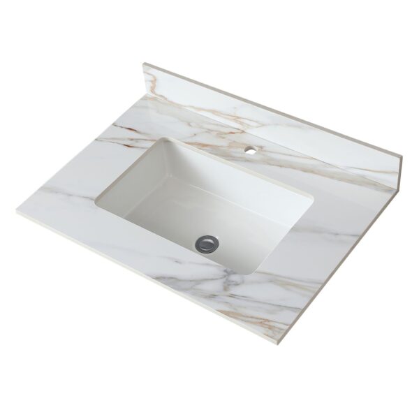 Elegant Vanity Top With Undermount Sink And Backsplash, Sintered Stone - Carrara White Marble