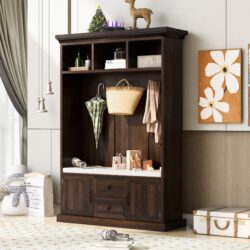 Hall Tree With 3 Hooks, Coat Hanger, Entryway Bench, Storage Bench, 3 In 1 Design, For Entrance, Hallway Tiger - Brown
