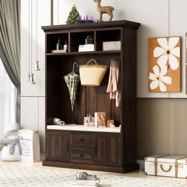 Hall Tree With 3 Hooks, Coat Hanger, Entryway Bench, Storage Bench, 3 In 1 Design, For Entrance, Hallway Tiger - Brown