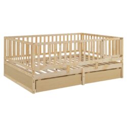 Full Size Daybed With Fence Guardrails And 2 Drawers, Split Into Independent Floor Bed & Daybed - Natural