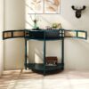 Boho Rattan Semi Circle End Table With Sliding Rattan Door, Elegant Entryway Console With Storage And Bottom Shelf - Antique Green - Image 5