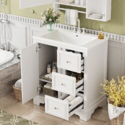 Bathroom Vanity Cabinet With Ceramic Basin, 3 Drawers And Adjustable Shelves - White