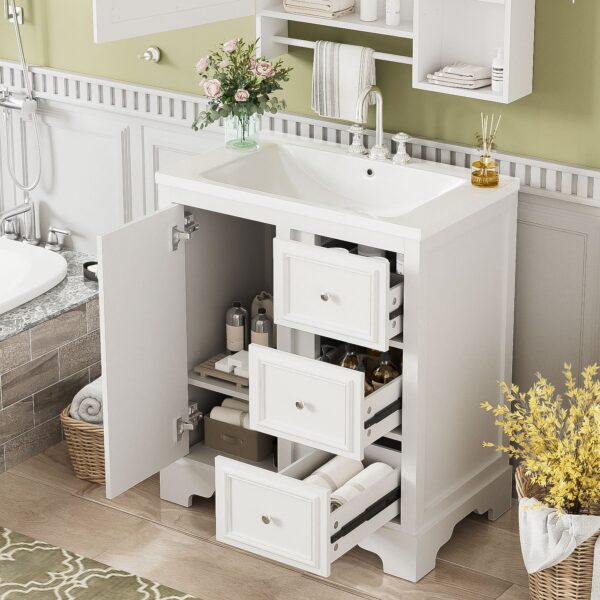 Bathroom Vanity Cabinet With Ceramic Basin, 3 Drawers And Adjustable Shelves - White