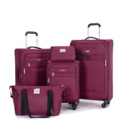 5 Piece Set (18/23/27/Travelbag /Toiletry Bag), Softshell Suitcase Spinner Wheels Terylene Polyester Luggage Sets Carry On Suitcase Luggage Lightweight Durable Suitcase - Wine Red