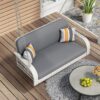 PE Wicker Porch Swing, 2 Seater Hanging Bench With Chains, Patio Furniture Swing For Backyard Garden Poolside - White / Gray - Image 9