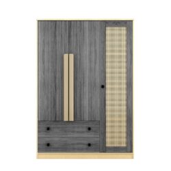 3 Doors Rattan Wardrobe Storage For Bedroom, With 2 Drawers - Gray / Nature
