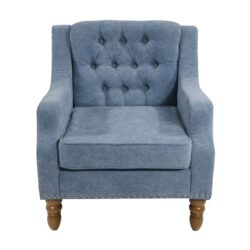 Accent Chair, Living Room Chair, Footrest Chair Set With Vintage Brass Studs, Button Tufted Upholstered Armchair For Living Room, Comfy Reading Chair For Bedroom, Reception Room - Blue