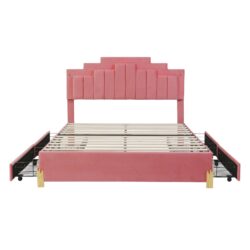 Queen Size Upholstered Platform Bed With LED Lights And 4 Drawers, Stylish Irregular Metal Bed Legs Design - Pink