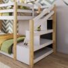 Twin Over Twin House Bunk Bed With White Storage Staircase And 2 Blackboards - White / Natural - Image 17