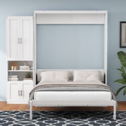 Full Size Murphy Bed With 1 Side Cabinet Storage Shelf, Cabinet Bed Folding Wall Bed With Desk Combo Perfect For Guest Room, Study, Office - White