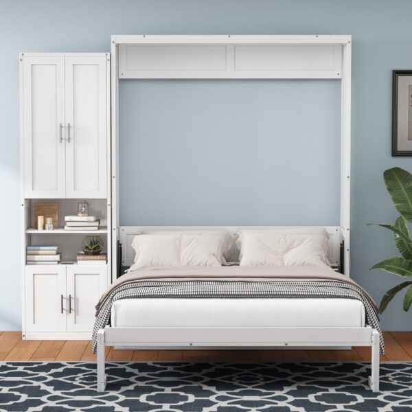 Full Size Murphy Bed With 1 Side Cabinet Storage Shelf, Cabinet Bed Folding Wall Bed With Desk Combo Perfect For Guest Room, Study, Office - White
