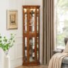 Corner Curio Cabinet With Lights, Adjustable Tempered Glass Shelves, Mirrored Back, Display Cabinet (E26 Light Bulb Not Included) - Oak - Image 7